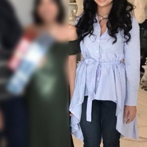 Asymmetrical Blue & White Wrap Button Up Top